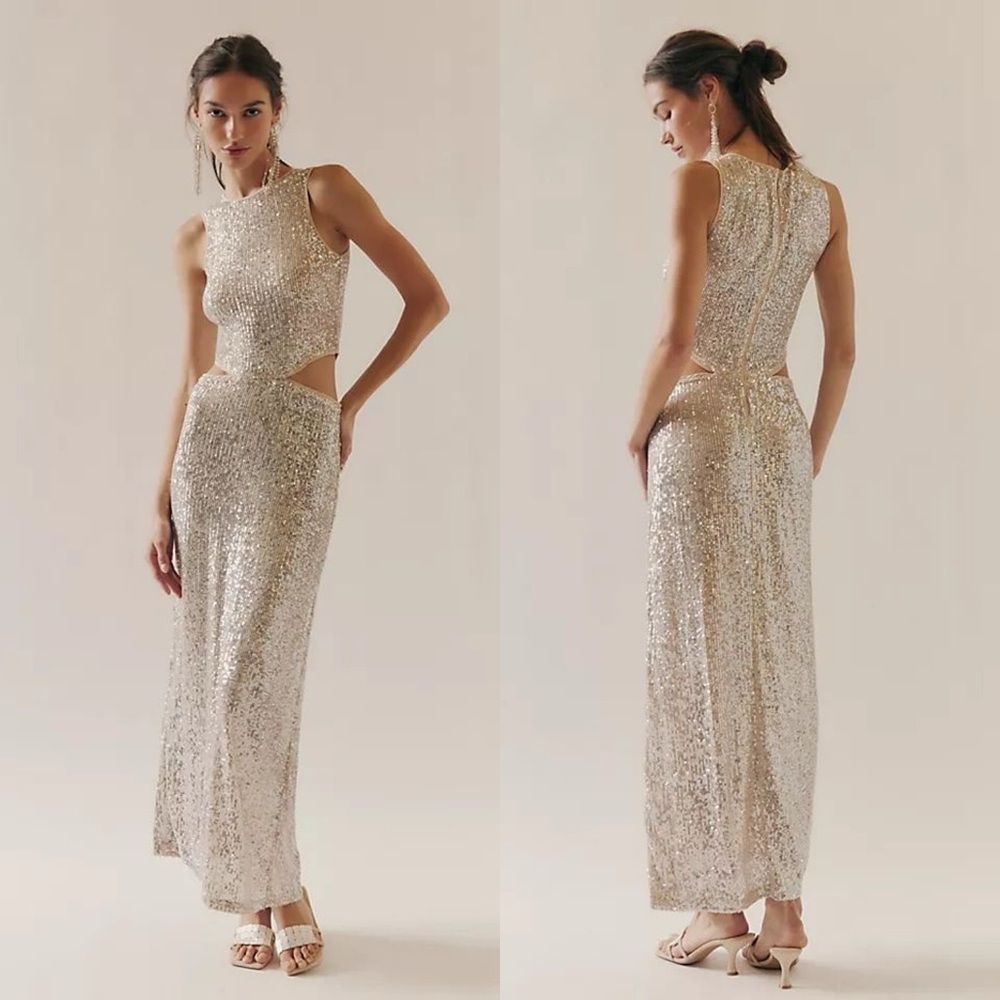 SAEMDI Cut Out Sequin Maxi Dress Silver Glam Evening Small NWT